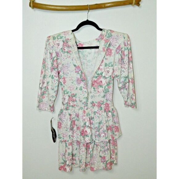 Champagne West Dress Size 3/4‎ Vintage 80s  Ivory Pink Floral Tier Skater Mini - Picture 9 of 12